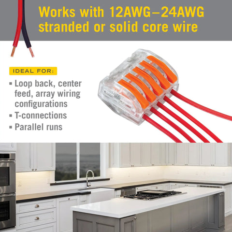 Five Port Lever Wire Connector Six Pack High Capacity Quick Connect Terminal For Led Strip And Under Cabinet Lighting with red wires.