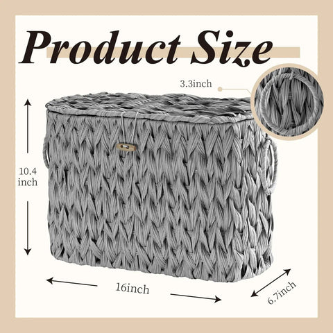 Toilet Paper Storage Basket With Lid Made From Water Hyacinth Wicker Built In Handles Holds Up To 6 Mega Rolls Narrow Grey