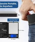 Dialed In Ultra Precise 500g Digital Gram Scale with 0.01g Resolution and Built In Level Bubble shown in pocket
