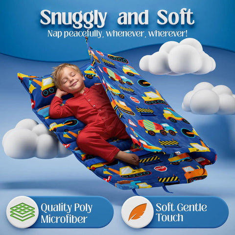 Child sleeping on Construction Theme Nap Mat for Preschoolers and Toddlers Cozy Soft Non Toxic Fabric with Pillow and Blanket, design with vehicles