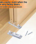 Sliding Closet Door Roller Kit With Slide Track For Top Hung Wardrobe Doors, 10 Pcs Set Including 4 Front Rollers, 4 Rear Rollers, 2 Tracks And 12 Screws, Silent Operation, Easy Installation And Replacement Hardware, shown installed on wooden doors with screws nearby.