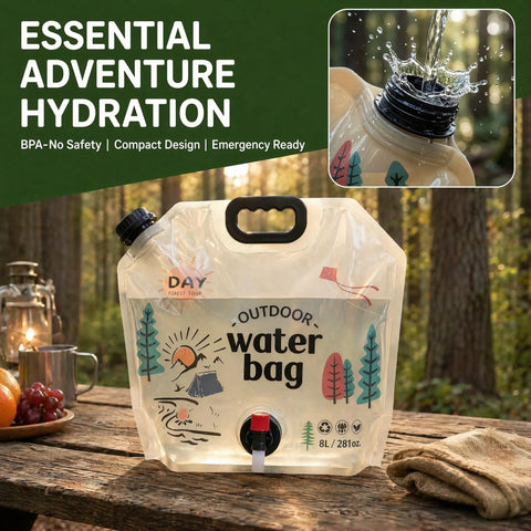 2 Point 1 Gallon Collapsible Water Jug For Outdoor Adventures reusable BPA free foldable water container 8L on rustic table