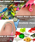 Close-up of 160 Piece Ice Fishing Jigs And Soft Worm Baits Kit With UV And Micro Glow For Walleye Crappie Panfish Trout All In One Winter Tackle Set For Ice Fishing Box Included, showing hooks, vibrant baits, and color patterns.