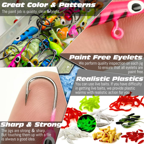 Close-up of 160 Piece Ice Fishing Jigs And Soft Worm Baits Kit With UV And Micro Glow For Walleye Crappie Panfish Trout All In One Winter Tackle Set For Ice Fishing Box Included, showing hooks, vibrant baits, and color patterns.