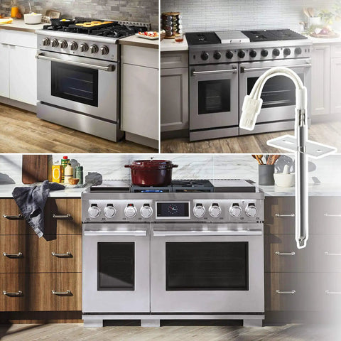 Stainless steel upgraded temperature sensor probe next to Samsung and LG range ovens in a kitchen. Fits EBG61305805 DG32-00002A.
