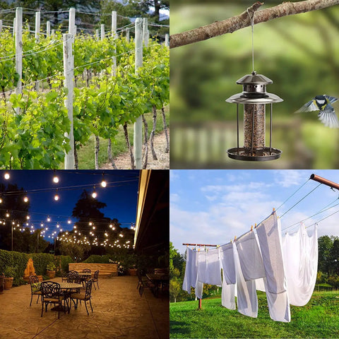 Beefy Heavy Duty Wire Rope Crimp Tool Kit uses shown with vine trellis, bird feeder, patio lights, and clothesline setup.