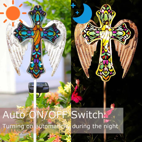 Solar Glass Cross Stake Lights With Angel Wings For Cemetery And Outdoor Garden Pathway Sympathy Remembrance Gift For Mom Solar Powered Grave Marker Lighting With Sunset Tone Hand Painted Glass showing auto on/off switch