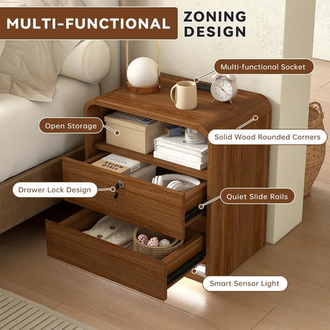 Sleek Nightstand Set Of Two Killer Bedside Table With Built In Charging Station LED Mood Light And Dead Simple Lockable Drawer Makes Your Room Layout A Total Breeze featuring open storage and drawer lock design.
