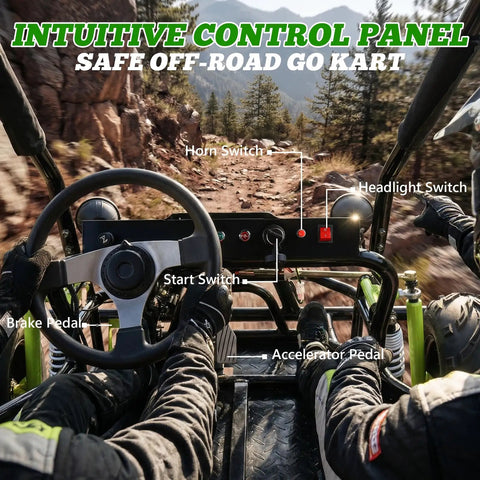 Intuitive control panel of powerful 125cc gas powered go kart for off road adventures with dual suspension and 8 inch tires