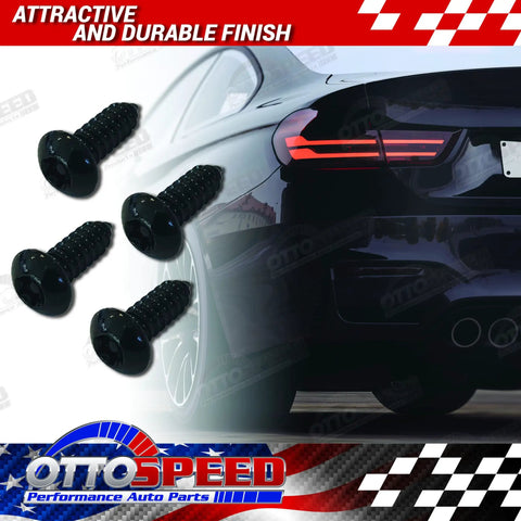 Theft-Proof License Plate Screws Kit With Black Stainless Security Screws displayed near a car's rear, highlighting durable finish.