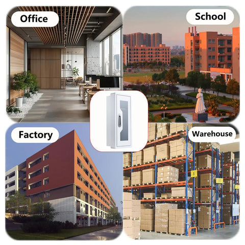 Heavy Duty Durable Metal Fire Extinguisher Cabinet With Magnetic Door And Acrylic Window Holds 2 5 10 Lb Extinguishers Plus First Aid Kit Semi Recessed Or Wall Mount For Indoor And Outdoor White shown in office, school, factory, and warehouse settings.