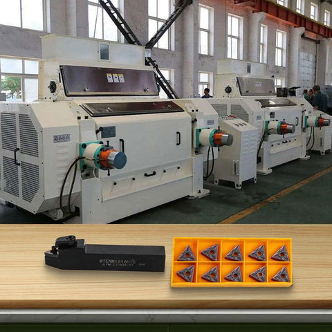 Industrial machines in a factory and Lathe Turning Tool Holder Set With Carbide Inserts 16mm Shank Right Hand CNC Cutter