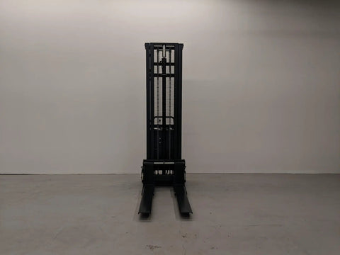 Heavy Duty Thin Leg Semi Electric Pallet Stacker 2204 Lbs Capacity 138 Inch Lift Height 110V Plug seen from the front with forks down.