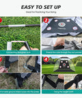 Step-by-step setup of 10x7ft Golf Practice Net With Tri Turf Mat And Real Balls Multi Target Chipping Area For Backyard Swing Practice.
