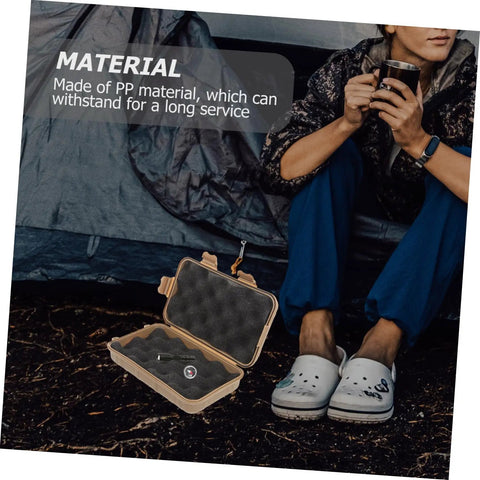 Open heavy duty outdoor case with waterproof, shockproof design beside camper, showing inner foam compartments