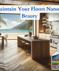 All In One Floor Cleaner Spray For Wood Laminate Hardwood And Luxury Vinyl Floors Delivers Streak Free Clean With Fast Dry No Rinse Formula 32 Oz Bottle For Easy Wipes And Everyday Messes, bottle on kitchen floor with ocean view.