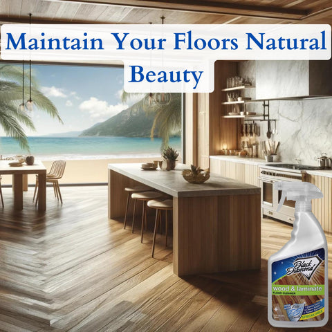 All In One Floor Cleaner Spray For Wood Laminate Hardwood And Luxury Vinyl Floors Delivers Streak Free Clean With Fast Dry No Rinse Formula 32 Oz Bottle For Easy Wipes And Everyday Messes, bottle on kitchen floor with ocean view.