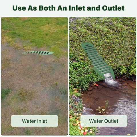 Green 4 Inch Angled Yard Drain Grate For Sump Pump Discharge And Downspout Extensions Yard Drain Emitter shown as inlet and outlet