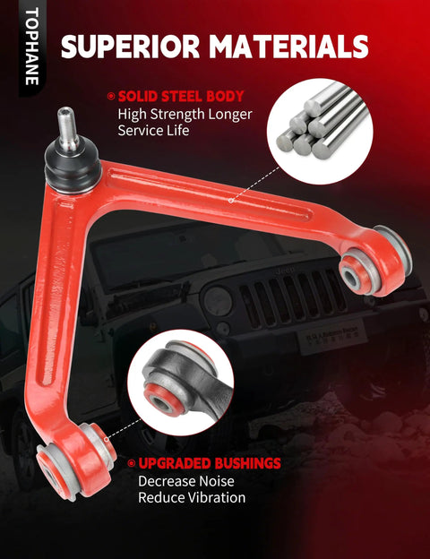 Ram 1500 4WD Front End Suspension Kit 12pc With 2 Upper Control Arms 2 Lower Ball Joints 2 Sway Bar Links 4 Inner And Outer Tie Rod Ends 2 Boots Red Polyurethane Bushing Upgrade Beefed Up showcasing upper control arm and features.