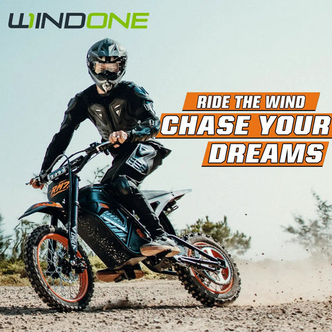 Rider on RM7 Electric Dirt Bike For Teens And Adults, 2200W Peak Motor, Dual Hydraulic Brakes, full suspension on rocky terrain