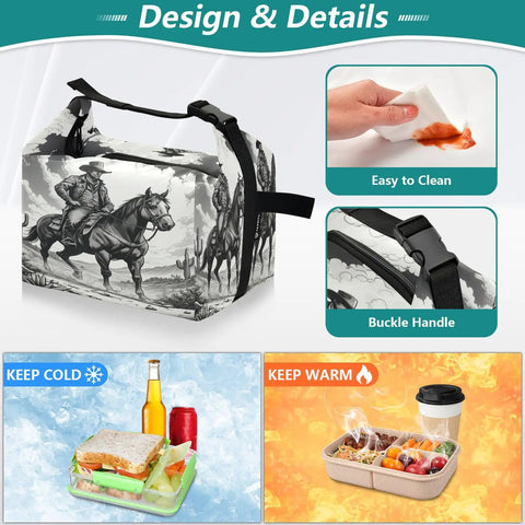 Cowboy Themed Lunch Box With A Horse Ride Design For Women And Men Reusable Insulated Lunch Tote Leakproof Cute Cooler