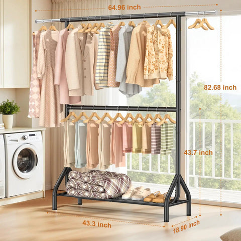 Built Like A Boss Double Rod Clothing Rack In Matte Black Steel, Handles Up To 622 Lbs Dead Flat With Zero Flex, Tall Garment Rack With Roomy Storage Shelves For Your Whole Closet Setup Today