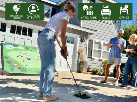 Woman using Sticky Golf Chipping Game Set With 6x6 Foot Metal Frame For Backyard Hangout And Indoor Outdoor Practice with friends