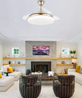 Modern living room with 72 Inch Farmhouse Ceiling Fan With Lights, mounted on ceiling above sitting area.