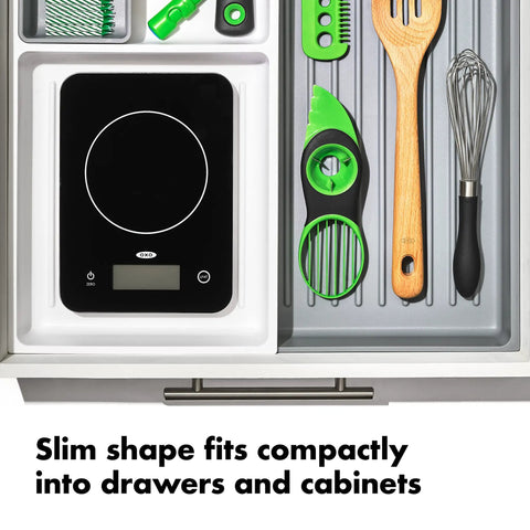Everyday Glass Kitchen Scale For Meal Prep, Digital Food Scale With 11lb/5kg Capacity, stored in kitchen drawer