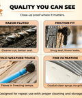 Close-up of Slick Maple Syrup Tapping Kit components highlighting drill bit, spile fit, tubing, and filtration for smooth syrup transfer.