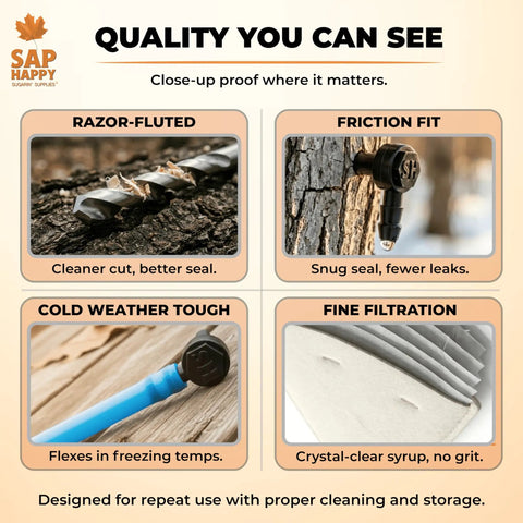 Close-up of Slick Maple Syrup Tapping Kit components highlighting drill bit, spile fit, tubing, and filtration for smooth syrup transfer.