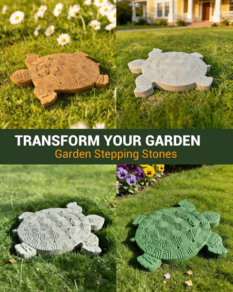 Tortoise Shaped Stepping Stone Mold For Concrete, Reusable Garden Cement Mold on grass in four color variations.