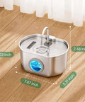 Stainless Steel Cat Water Fountain With 73oz Capacity Easy View Water Level Window on wooden floor, dimensions shown