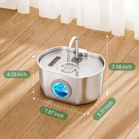 Stainless Steel Cat Water Fountain With 73oz Capacity Easy View Water Level Window on wooden floor, dimensions shown