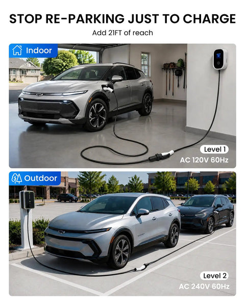 Hella Reliable 21 Foot J1772 EV Extension Cord 50 Amp Level 2 Electric Vehicle Charging Cable used indoors and outdoors with cars.