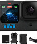 Premium Waterproof Action Camera Bundle With 5.3K60 Video And 27Mp Photos showing GoPro camera, battery, and accessories.