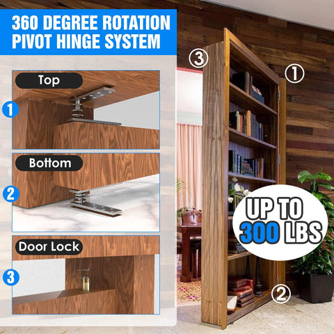 Hidden Pivot Door Hinge Set For Wood Doors And Secret Bookcases Heavy Duty Stainless Steel 360 Degree Rotation With Simple Lock