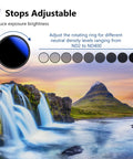 82mm Variable ND Filter ND2-ND400 1-9 Stops for Cameras and DSLRs shown with waterfall and mountain backdrop