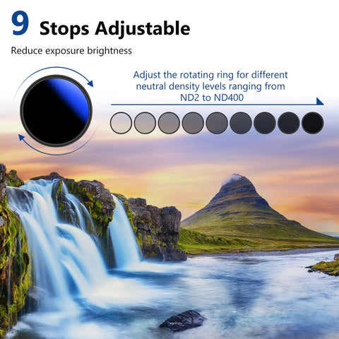 82mm Variable ND Filter ND2-ND400 1-9 Stops for Cameras and DSLRs shown with waterfall and mountain backdrop