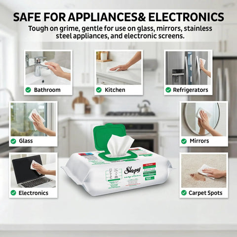 Image showing XL All Purpose Cleaning Wipes 100 Count No Streak Natural Vinegar And Baking Soda Formula used on various surfaces.
