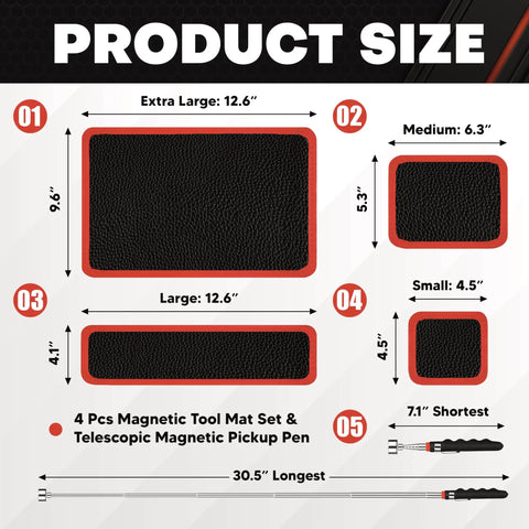Four Piece Magnetic Tool Mat Set With Flexible Mats In Four Sizes And A Twenty Five Pound Telescoping Magnetic Pickup Pen For Garage Workshop And Auto Repair To Help You Grab And Go Keep Wrenches Screws And Bolts Neat And Within Reach
