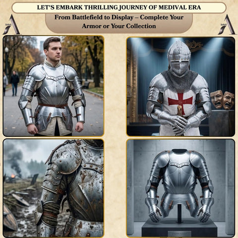 Medieval Knight Armor Set Complete With Spaulders Gorget Vambraces And Pauldrons One Size Handmade In Silver Ready For Cosplay LARP And Stage Fight Realistic Crusader Armor Look Boss Battle Ready