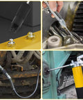 Pro Grade Grease Gun Kit With Pistol Grip, 8000 PSI, 14 Oz Load in use on machinery, including resin hose and coupler.