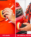 Orange Foam Correcting Pads For Car Polishing And Detailing, Removes Light To Moderate Paint Defects, shown with hand and polisher.
