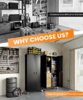 72 Inch Garage Storage Cabinet With Lockable File Cabinet And Tool Organizer, Heavy Duty Steel Storage Solution For Garage Workshop Or Home Office, Massive Capacity To Store Tools Hardware And Supplies, Keeps Everything Secure And Neat. Black steel garage cabinet with open shelves, wheels, and organized tools in a workshop