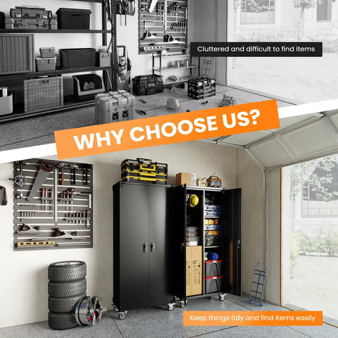 72 Inch Garage Storage Cabinet With Lockable File Cabinet And Tool Organizer, Heavy Duty Steel Storage Solution For Garage Workshop Or Home Office, Massive Capacity To Store Tools Hardware And Supplies, Keeps Everything Secure And Neat. Black steel garage cabinet with open shelves, wheels, and organized tools in a workshop
