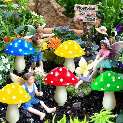 8 Pack Solar Mushroom Lights For Garden Decor with colorful caps in a fairy-themed garden, bright multicolor LED lights