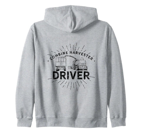 Combine Harvester Driver Zip Hoodie For Farmers And Gearheads Threshing And Harvesting Machine Design, grey fleece.