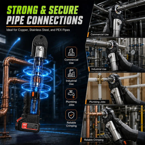 Heavy Duty 18V Cordless Copper Crimper With 24KN Force securing copper pipes, ideal for commercial and industrial plumbing jobs.