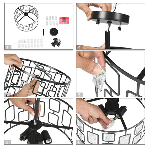 Assembly process of Crystal Semi Flush Mount Ceiling Light With 3 Lights, Black Modern Contemporary Drum Pendant Chandelier, 13 Inch